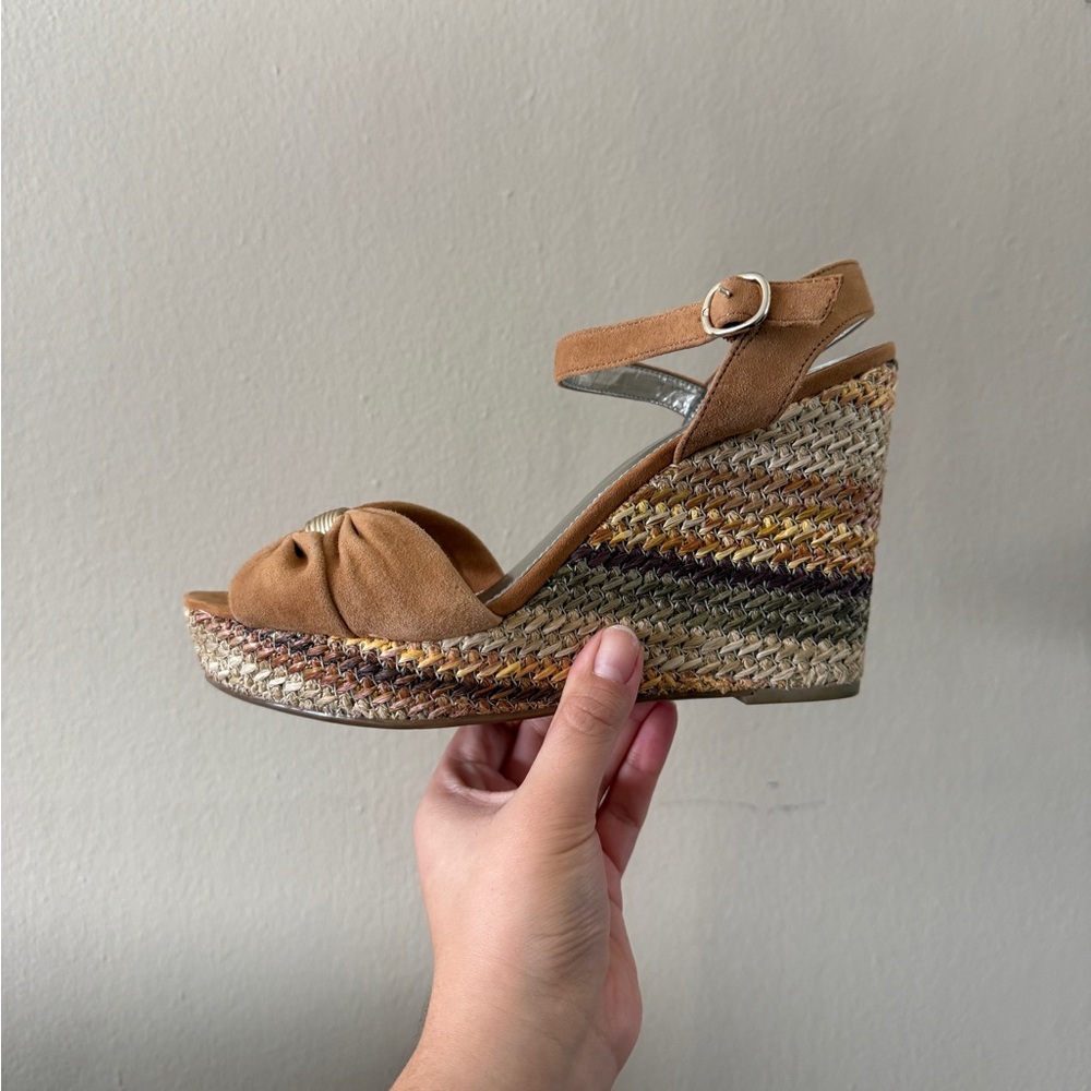 Alfani Tan Suede Peep Toe Woven Espadrille Platform Wedge Sandals Size 10